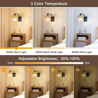 Black Rechargeable Battery Operated Wall Sconces Set of 2 with Remote, Boho Rattan Wireless Dimmable Battery Powered Wall Lights, Cordless Wall Lamp Lighting Fixture for Bedroom Living Room