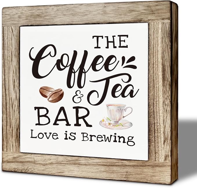 Coffee & Tea Bar Decor Signs, Tea Station Accessories, Funny Coffee Wooden Box Sign Block Plaque, Rustic Funny Wooden Box Sign, Bar Decorations for Home 5.9×5.9 inch