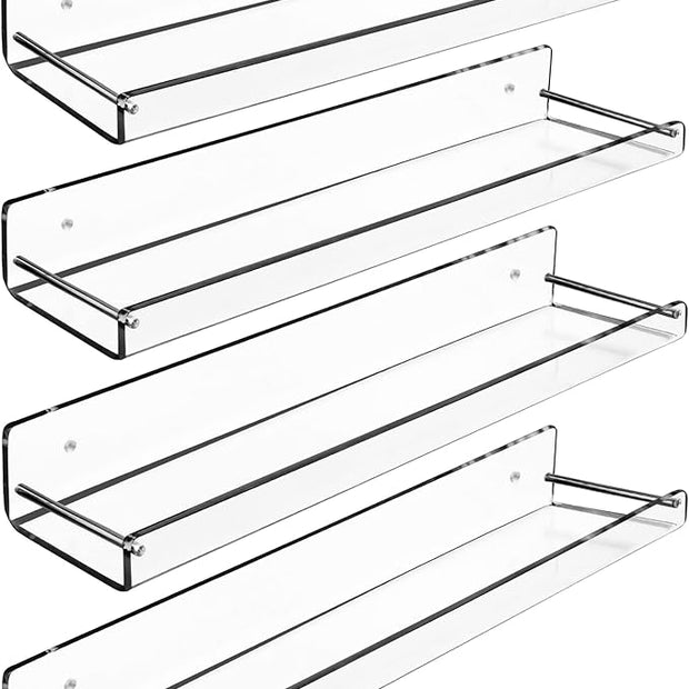 AMT 4 Pack Acrylic Floating Shelves, 15" L x 3.25" W, Clear Bathroom Wall Shelf, Bookshelves, Invisible Display for Office, Bedroom, Small Gap Allows Water to Escape, Free Screws & Drill Bit (Medium)