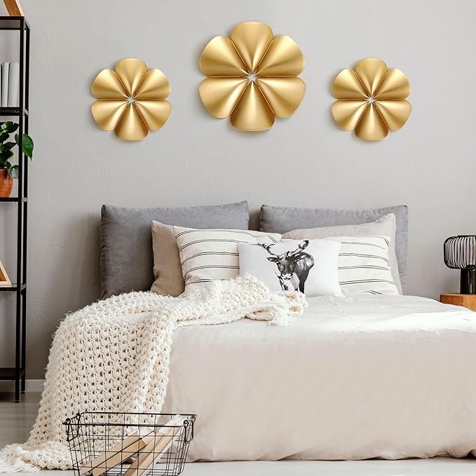 Fourluoo 3 Pack Gold Sunburst Mirrors for Wall Decor Circle Flowers Mirrors Decorative Gold Hanging Wall Art Flowers Mirror for Home Living Dinning Room Bedroom Bathroom Boho Decoration(Floral)