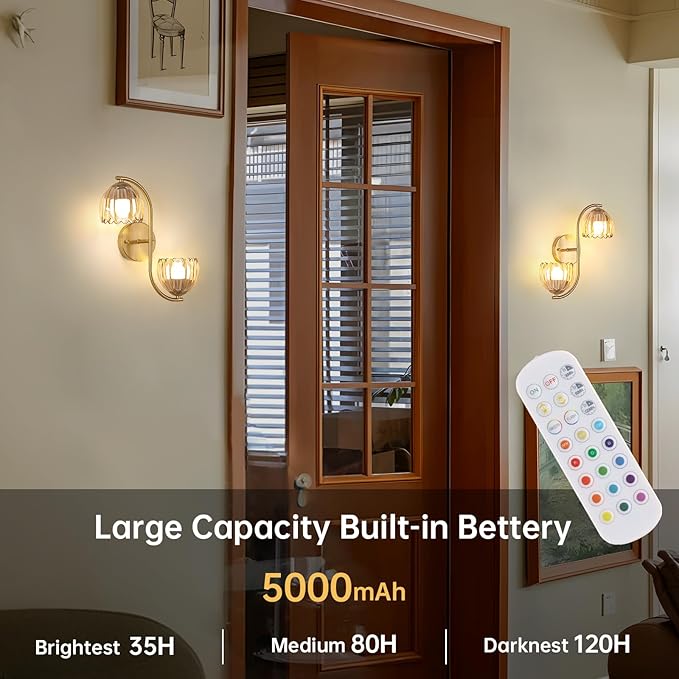 Battery Operated Wall Sconce, 2-Lights Vinatge Brass Wall Lighting Up and Down with Amber Tulip Shade for Living Room, Bedroom, Symmetrical 2 Pack