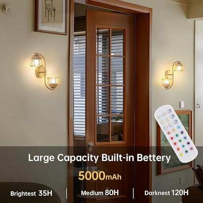 Battery Operated Wall Sconce, 2-Lights Vinatge Brass Wall Lighting Up and Down with Amber Tulip Shade for Living Room, Bedroom, Symmetrical 2 Pack