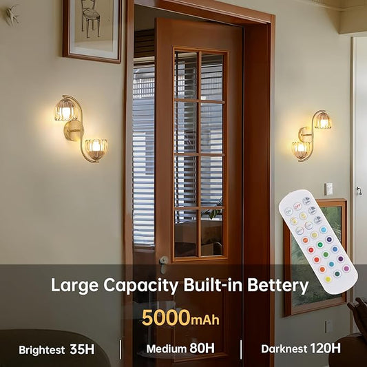 Battery Operated Wall Sconce, 2-Lights Vinatge Brass Wall Lighting Up and Down with Amber Tulip Shade for Living Room, Bedroom, Symmetrical 2 Pack