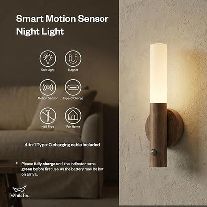 Motion Sensor Night Lights – 4 Pack Rechargeable Magnetic LED Sconces for Bedroom, Hallway & Picture Lighting + 4-in-1 Charging Cable (Walnut Brown)