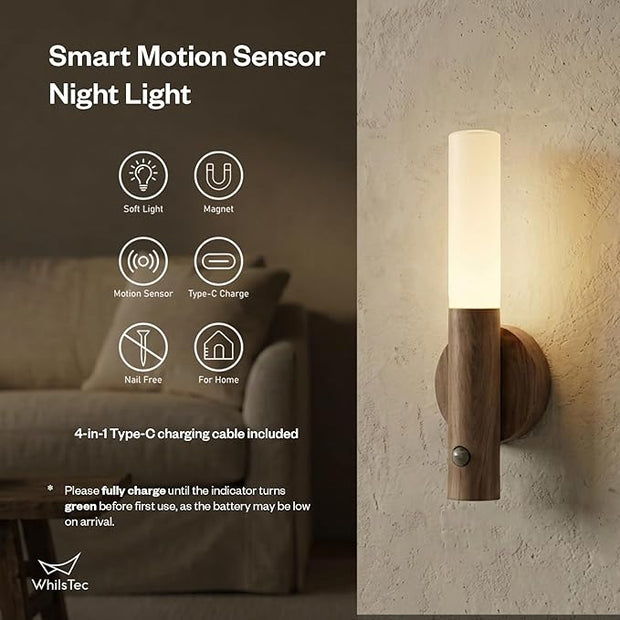 Motion Sensor Night Lights – 4 Pack Rechargeable Magnetic LED Sconces for Bedroom, Hallway & Picture Lighting + 4-in-1 Charging Cable (Walnut Brown)