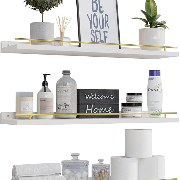 WOPITUES Floating Shelves 24 inch with Gold Metal Guardrail, Shelves for Wall Decor Set of 3, Wall Shelves for Bedroom, Bathroom, Kitchen, Living Room, Plants, Picture Frames, Art- White and Gold