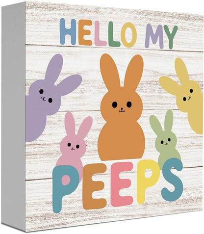 Easter Sign Cute Easter Peeps Decor Decorations Spring Bunny Table Decorations Decor Indoor for Home Office Desk Table Shelf Tiered Tray Hello My Peeps Wooden Sign 5 X 5 Inch