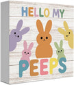 Easter Sign Cute Easter Peeps Decor Decorations Spring Bunny Table Decorations Decor Indoor for Home Office Desk Table Shelf Tiered Tray Hello My Peeps Wooden Sign 5 X 5 Inch
