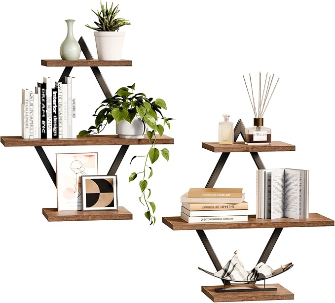 Floating Shelves, Wall Shelf Set of 2, Wall Mounted Shelves, 3-Tier Hanging Wall Shelves for Bathroom, Living Room, Bedroom, Kitchen, Office (Rustic Brown)