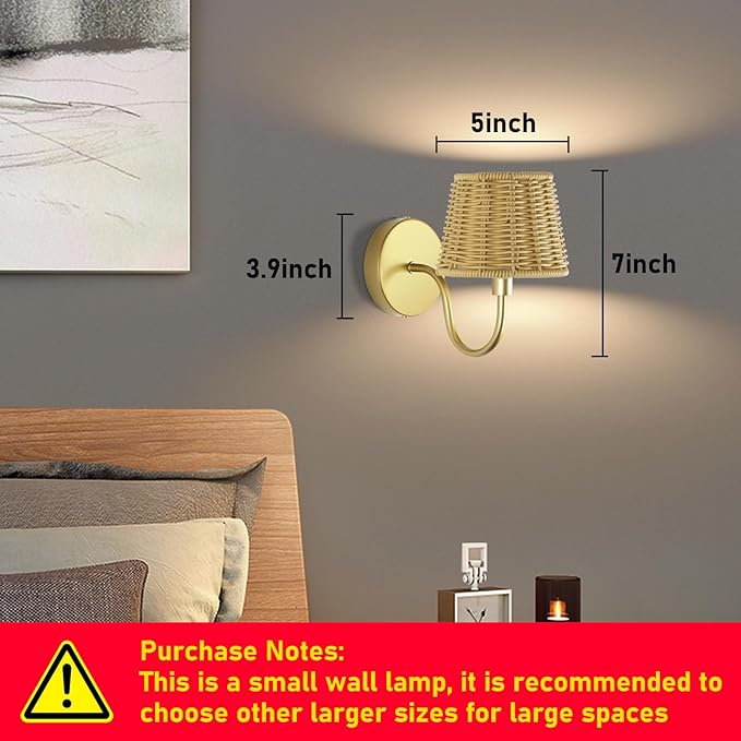 Battery Operated Wall Sconce Set of 2, Rechargeable Wireless Rattan Wall Sconces with Dimmable Detachable Magnetic Bulbs and Remote, 3 Colors Wall Lights for Bedroom Living Room Hallway