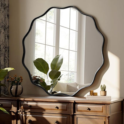 Round Wavy Mirror - 24 Inch Bathroom Vanity Mirror Metal Frame Circle Wall Mounted Mirror for Bedroom Living Room Entryway, Black