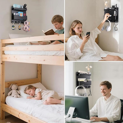 JUMEIHUI Bedside Wall Shelf with Glasses Hooks ，Adhesive Bedside Organizer Wall Mount for Dorm and Room Accessories Phone，Remote，Earphone， Kindle (Black)
