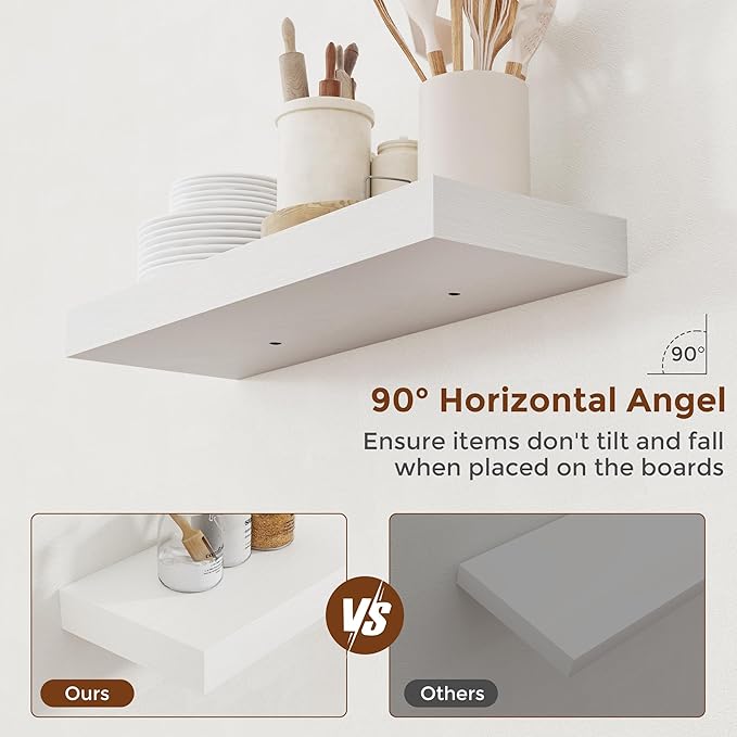 Heimlove 24 Inch Floating Shelves for Wall White Shelves Set of 2,Wall Mounted Rustic Wood 8 Inch Deep Floating Shelf with Invisible Brackets for Bedroom Kitchen Living Room