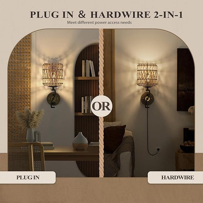 N02 Boho Rattan Wall Sconce with Plug in Cord, Adjustable Dimmable Rattan Shade & S-Shape Arm for Aztec Boho Home Decor, Bohemian Wall Mounted Lighting