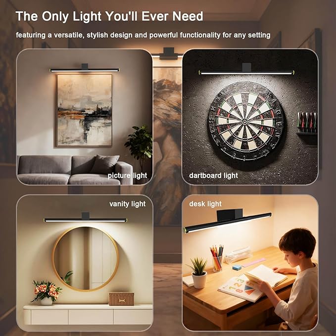 Picture Lights for Wall Battery Operated, Rechargeable Wireless Lights for Pictures on Wall with 3 Color Dimmable Remote for Painting Gallery Dartboard Poster Bedroom Frame Art Decor - Black 16 inch