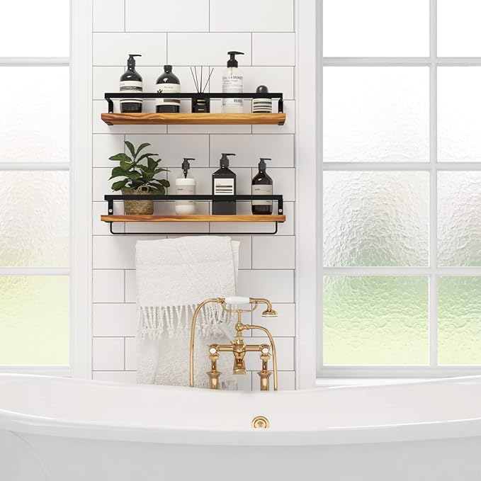 Floating Shelves for Wall, Bathroom Shelves with Towel Bar, Wall Mounted Storage Shelves for Kitchen, Bathroom, Set of 2 Carbonized Black