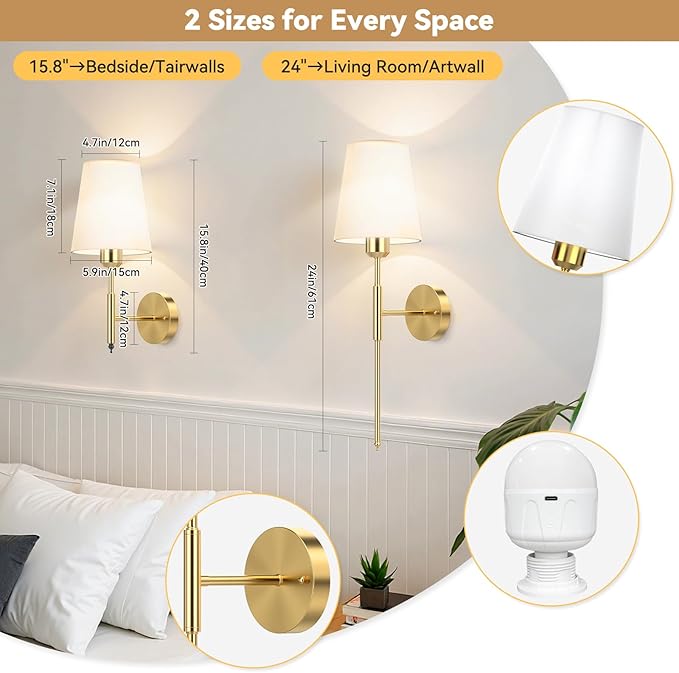 24 inch Battery Operated Wall Sconces Set of 2, Wireless Wall Lights with Rechargeable Bulbs & Remote, 15 Colors & Dimmable, Battery Powered Wall Lights for Bedroom, Living Room, Hallway