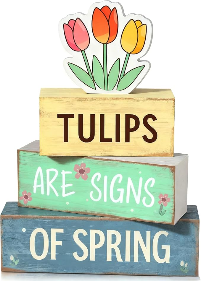Spring Decoration Wooden Tiered Tray Decor – Tulips Spring Stacked Block Sign with Floral Accent – Farmhouse Tabletop Spring Decor for Shelf Mantel Seasonal Home Display