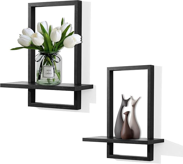 PHOENANCEE Square Floating Shelves,Wall Plants Holder,Bathroom Wall Decor,Framed Decorative Shelf Black,Modern Chic Set of 2 for Living Room Bedroom Home Office,Soild Wood,L+S