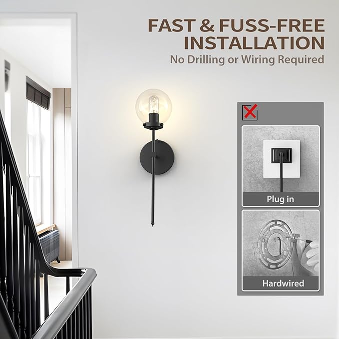 C03 Battery Operated Wall Sconce No Wired Rechargeable Wall Lamp with Clear Glass Shade Easy to Install Cordless Wall Light Fixtures for Bathroom Hallway Kitchen Mirror Black(Bulb Included)