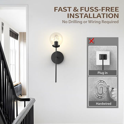 C03 Battery Operated Wall Sconce No Wired Rechargeable Wall Lamp with Clear Glass Shade Easy to Install Cordless Wall Light Fixtures for Bathroom Hallway Kitchen Mirror Black(Bulb Included)