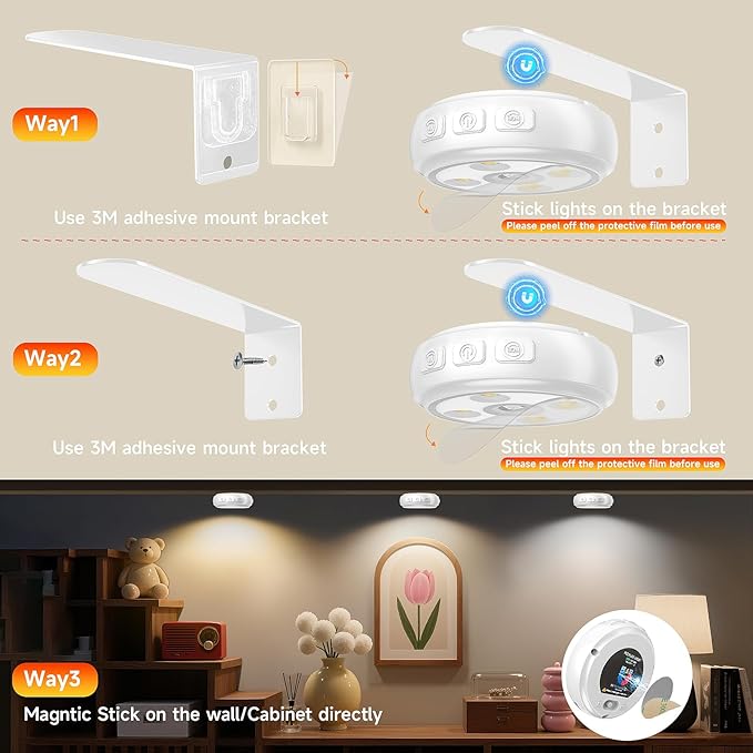 3 Pack Picture Light for Wall with 1200mAh Rechargeable Battery Operated Lights Remote Dimmable Timer Painting Light Magnetic 3 Adjustable Lighting RGB Modes Wall Decor Lights for Living Room(White)