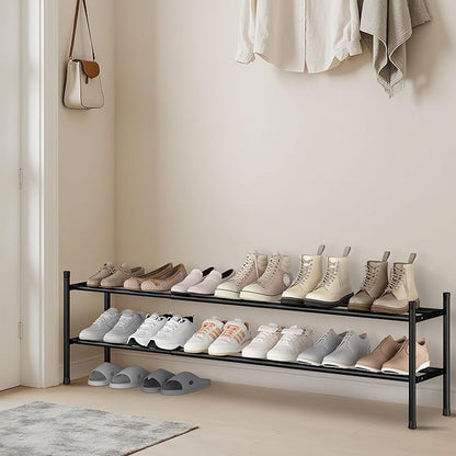 STORAGE MANIAC Long Expandable Shoe Rack, 12 Pairs Metal Wide Stackable Shoe Rack, Adjustable Shoes Shelf, Freestanding Shoes Organizer for Closet, Entryway, Hallway, Garage, Front Door, 2 Tiers