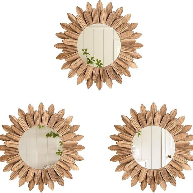 LOSOUR Boho Wall Decor Sunburst Mirror 3 Pack Rustic Round Wood Mirror 12 inch Boho Mirror Home Decor Farmhouse Room Decorations for Bedroom Living Room Entryway