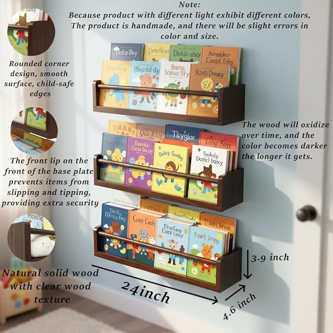 Set of 3 Kids Floating Bookshelves Deep Walnut – 24 Inch Wall Mounted Nursery Book Shelves with Safety Rail – Ideal Storage & Display Shelf for Nursery, Bedroom, and Playroom