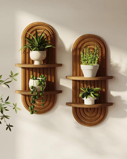 Bamworld Boho Wall Decor Brown Plant Wall Shelf, Mid Century Modern Decor Hanging Plant Shelf, 2-Tier Wooden Floating Shelves for Home, Bathroom Bedroom Living Room, Office Planter Decoration 2 pcs
