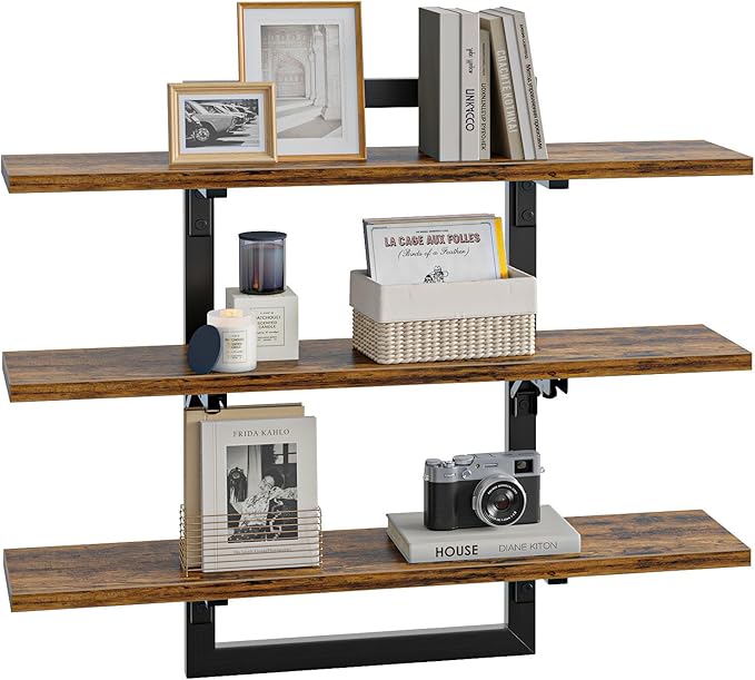 Bestier Floating Shelves for Wall, 32 inch Kitchen Shelves Wall Mounted, 3 Tier Coffee Bar Shelf with Foldable Brackets, Industrial Display Shelf for Bathroom, Living Room, Rustic Brown