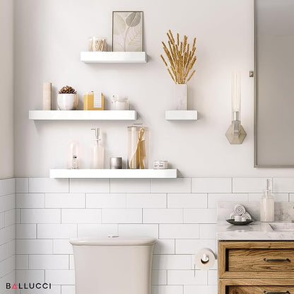 Ballucci Modern Ledge Wall Shelves, Set of 4 Wood Floating Shelves for Bedroom, Bathroom, Living Room, Kitchen, Nursery, White