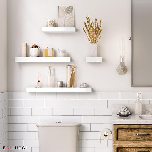 Ballucci Modern Ledge Wall Shelves, Set of 4 Wood Floating Shelves for Bedroom, Bathroom, Living Room, Kitchen, Nursery, White