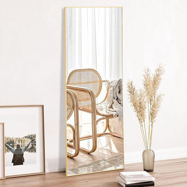 OLIXIS Full Length Mirror 59"x16.5" for Bedroom, Full Body Mirror with Stand, Hanging or Leaning for Wall, Aluminum Alloy Thin Frame Floor Standing for Living Room, Long, Gold