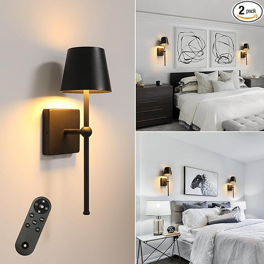 Battery Operated Wall Sconce Rechargeable Wireless Cordless Wall lamp Decor Set of Two Black for Bedroom Living Room Bedside