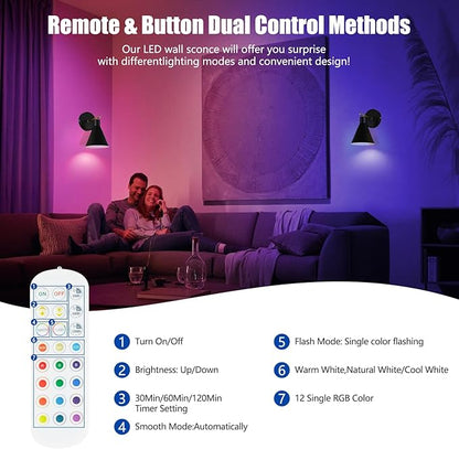 Black Rechargeable Battery Operated Wall Sconces Set of 2 with Remote, Wireless Dimmable Battery Powered Wall Light, Cordless Wall Lamp Lighting Fixture for Bedroom Living Room, Bulb Included