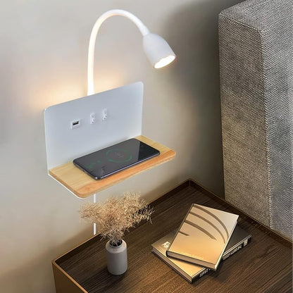 Bedside Wall Sconce with Wireless Charging Station & USB Port, Wall Mounted LED Reading Light with Flexible Gooseneck, 3 Color Temperatures, Plug-in or Hardwired Bed Reading Lamp for Bedroom, White