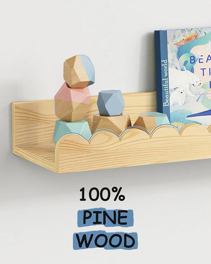 Scalloped Nursery Bookshelf Wall Mounted 4-Pack, Natural Wood Floating Book Shelves for Wall, Cloud Wall Mount Bookshelves for Kids Bedroom, Baby Children Toddler Room (Natural Pine Wood)