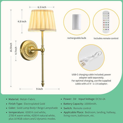 Cordless Wall Sconces Set of 2,10000mAh Small Wireless Battery Operated Wall Sconces Set of Two with RGB LED, Remote, Timer & Dimmable Fabric Gold Wall Lamps for Bedroom, Living Room, Hallway (Gold)