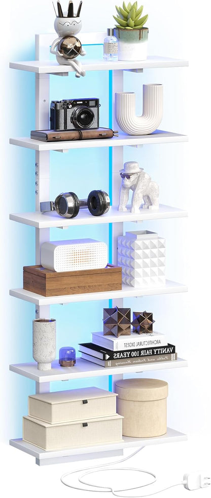 6 Tier Wall Shelf Unit with LED Light, White Floating Shelf, Vertical Display Shelf, Wall Decor for Bedroom, Living Room, Vanity, 15" W x 5.9" D x 43.3" H