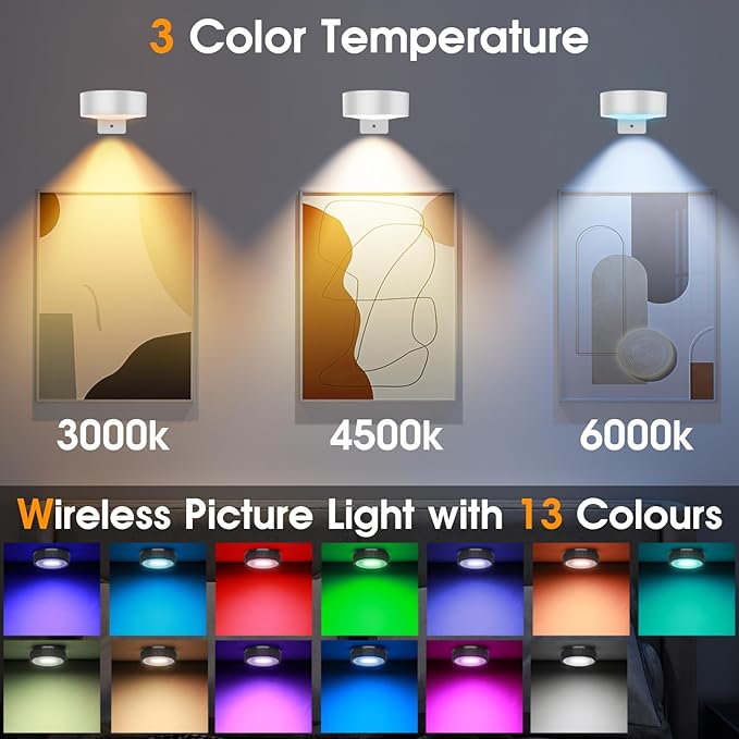 13 RGB Color Changing Led Art Display Light for Picture Frame,Rechargeable Battery Operated Led Painting Light with Remote Control Dimmable & Timer,3Pack White