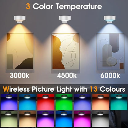 RGB Picture Light Battery Operated Painting Lights for Wall Wireless Magnetic Display Art Light with Remote Controls,Dimmable&Timer for Art Frame Artworking,6Pack White