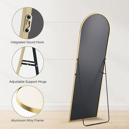 OLIXIS Arched Full Length Mirror 59"x16.3" for Bedroom, Full Body Mirror with Stand, Hanging or Leaning for Wall, Aluminum Alloy Thin Frame Floor Standing for Living Room, Long, Gold