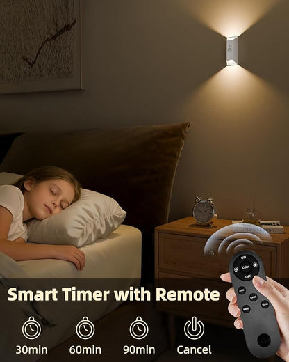 EZVALO Motion Sensor Wall Lights, 4000mAh Rechargeable Battery Operated Wall Sconces Set of 2, 3 Color Temps, Dimmable, Wireless Magnetic Night Light with Remote, Timer, for Stair, Hallway, Bathroom