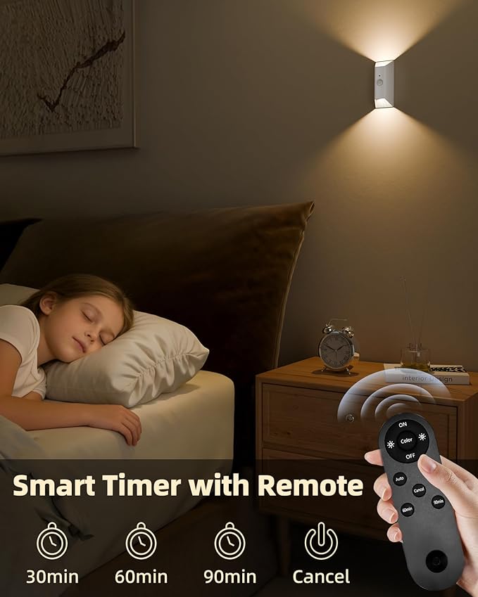EZVALO Motion Sensor Wall Lights, 4000mAh Rechargeable Battery Operated Wall Sconces Set of 2, 3 Color Temps, Dimmable, Wireless Magnetic Night Light with Remote, Timer, for Stair, Hallway, Bathroom