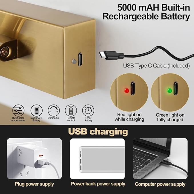 Picture Light with Remote 3 Colors Wireless Art Lights for Paintings,Rotatable Wall Sconce Rechargeable Battery Powered Painting Light,Dimmable Light Over Picture Frame for Gallery,Brass