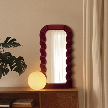 Mirror Wall Decor for Vintage Living Room Bedroom, 14x28 Asymmetrical Decorative Mirror for Entryway Porch Staircase, Retro Modern Hanging Wall Art Gift for Grandma Mom Sister (Wine Red)