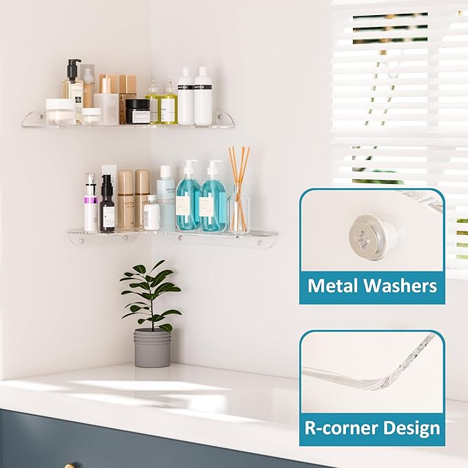 8x11.8 Inch Clear Corner Shelf Wall Mount Set of 2, Acrylic Corner Floating Shelves, Wall Organizer Shelf for Bathroom, Kitchen, Bedroom, Living Room, Dining Room, Office