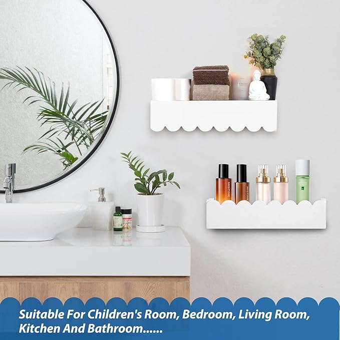 Wood Floating Shelves for Wall,Nursery Bookshelf,Kids Book Shelf,Baby Toys Storage Decor Organizer Wall Mounted for Living Room Bedroom,Wavy Edge,Preassembled,2 Pack,Scalloped Pine(White)
