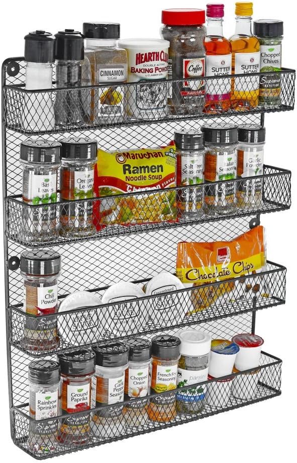 Wall Mount Spice Rack, 4-Tier Kitchen Storage Shelf, Space Saving Organizer, Black – Metal Holder for Spices, Herbs, and Condiments
